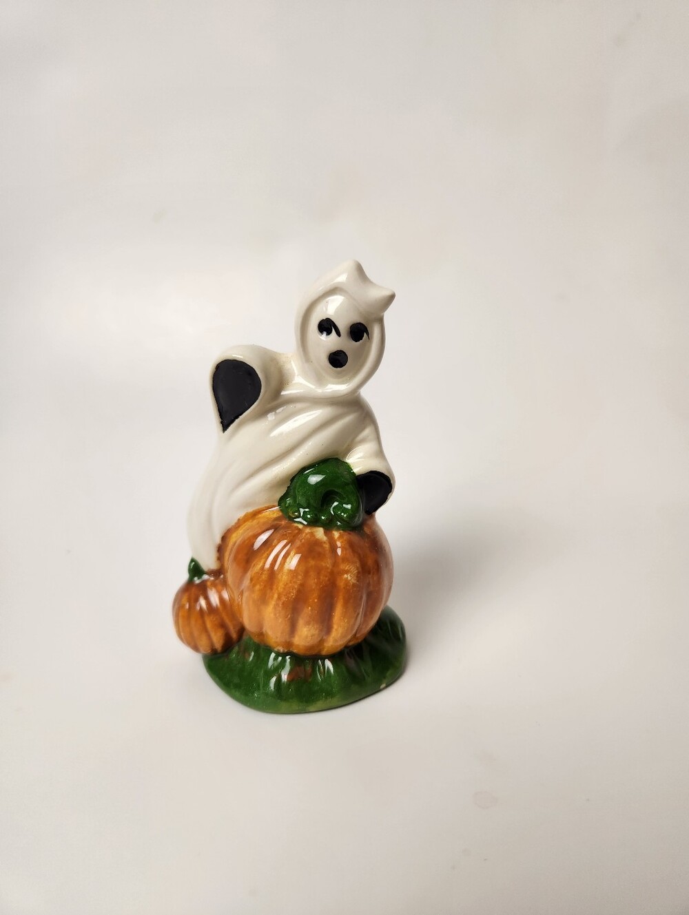 Vintage White Ghost with Orange Pumpkin Ceramic Figurine